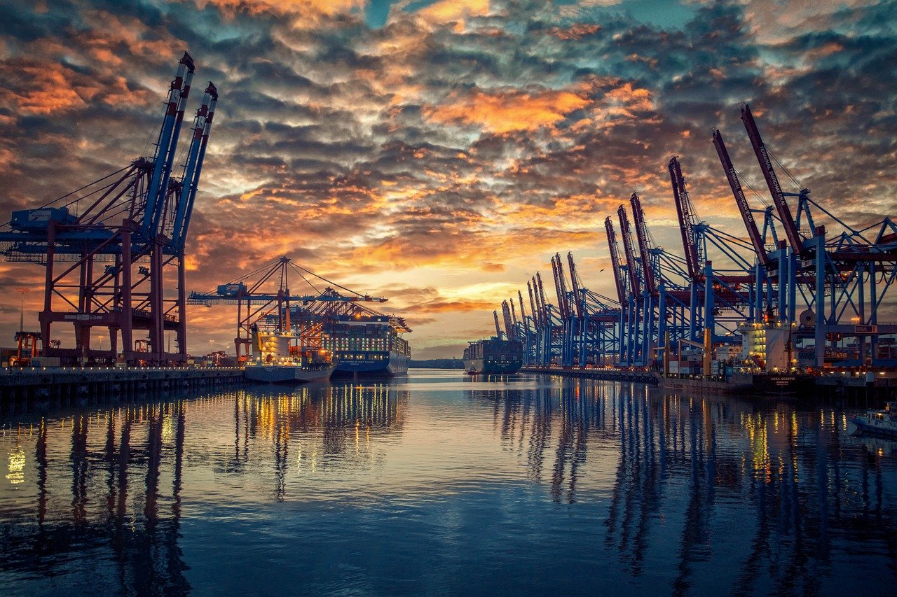 port, container cranes, sunset-6131793.jpg