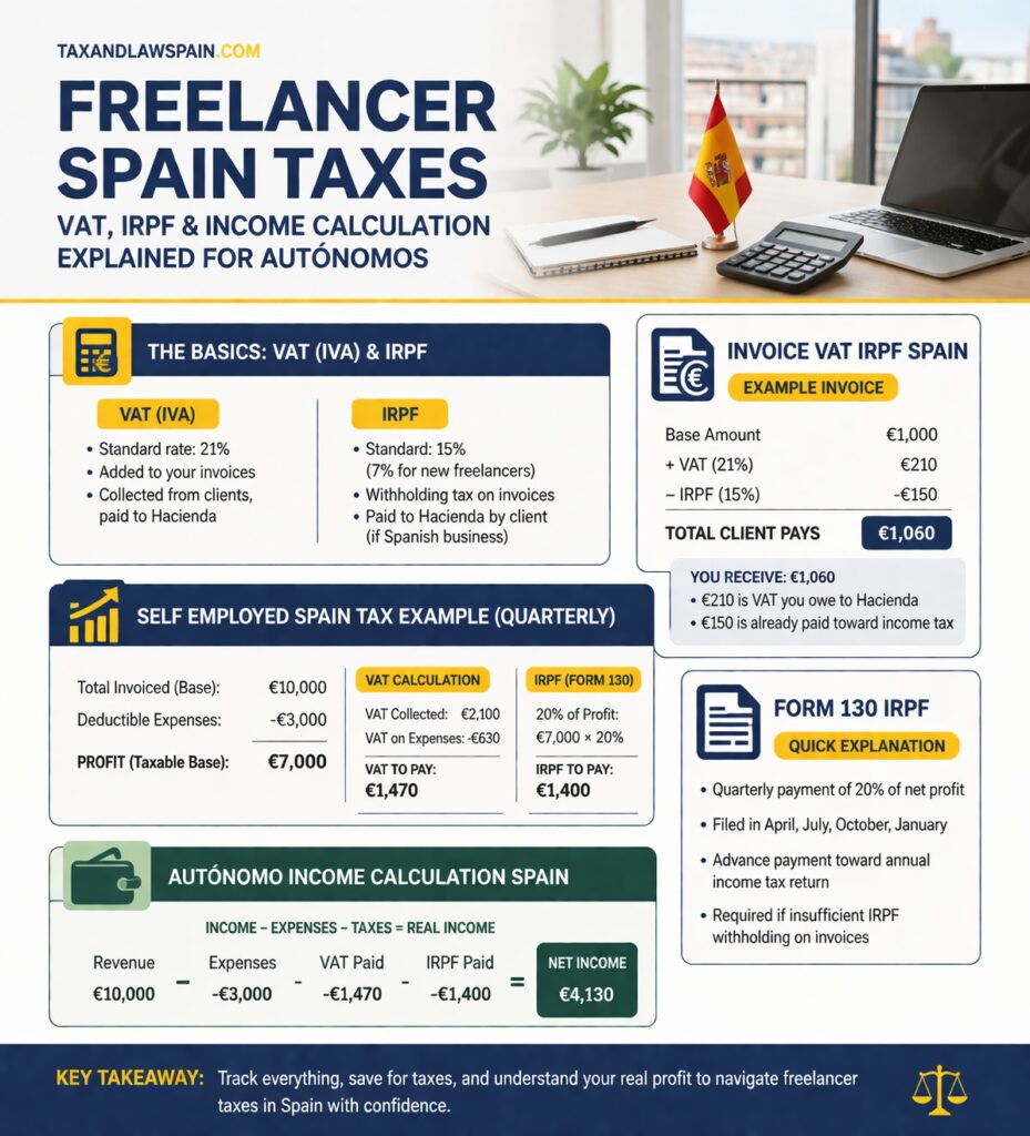 freelancer Spain taxes, invoice VAT IRPF Spain, self employed Spain tax example, form 130 IRPF explanation, autónomo income calculation Spain